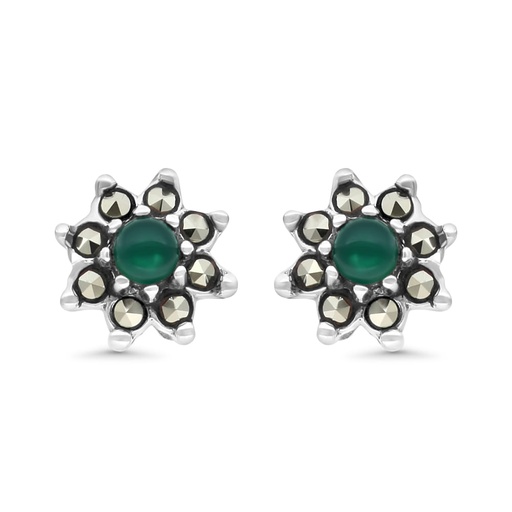 [EAR04MAR00GAGA293] Sterling Silver 925 Earring Embedded With Natural Green Agate And Marcasite Stones