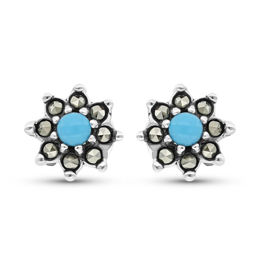 [EAR04MAR00TRQA293] Sterling Silver 925 Earring Embedded With Natural Processed Turquoise And Marcasite Stones