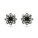 Sterling Silver 925 Earring Embedded With Natural Black Agate And Marcasite Stones