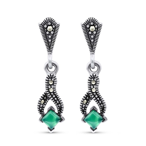 [EAR04MAR00GAGA295] Sterling Silver 925 Earring Embedded With Natural Green Agate And Marcasite Stones