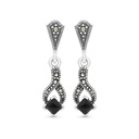 Sterling Silver 925 Earring Embedded With Natural Black Agate And Marcasite Stones