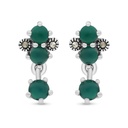 Sterling Silver 925 Earring Embedded With Natural Green Agate And Marcasite Stones