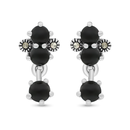 [EAR04MAR00ONXA300] Sterling Silver 925 Earring Embedded With Natural Black Agate And Marcasite Stones