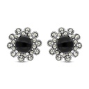 Sterling Silver 925 Earring Embedded With Natural Black Agate And Marcasite Stones