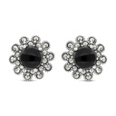 Sterling Silver 925 Earring Embedded With Natural Black Agate And Marcasite Stones