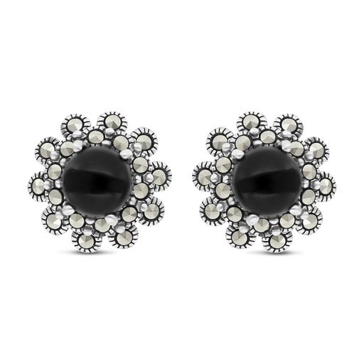 [EAR04MAR00ONXA476] Sterling Silver 925 Earring Embedded With Natural Black Agate And Marcasite Stones