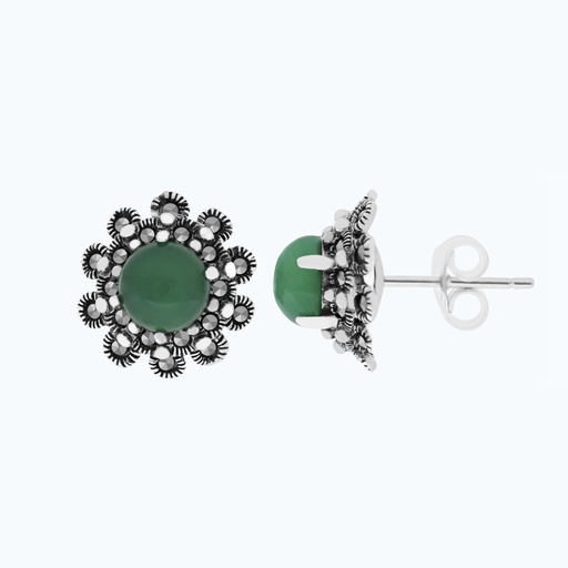 [EAR04MAR00GAGA476] Sterling Silver 925 Earring Embedded With Natural Green Agate And Marcasite Stones