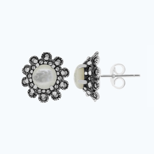 [EAR04MAR00MOPA476] Sterling Silver 925 Earring Embedded With Natural White Shell And Marcasite Stones