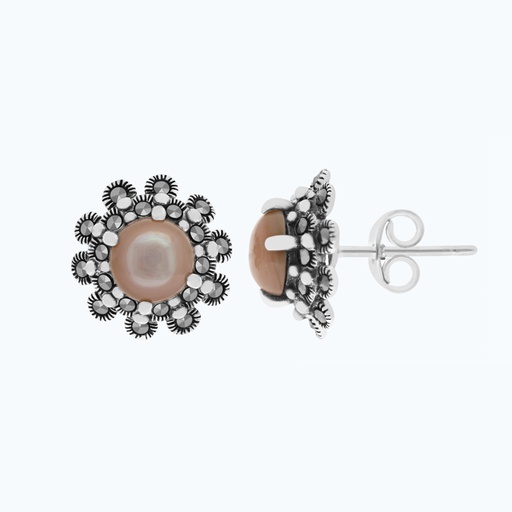 [EAR04MAR00PNKA476] Sterling Silver 925 Earring Embedded With Natural Pink Shell And Marcasite Stones