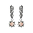 Sterling Silver 925 Earring Embedded With Natural Pink Shell And Marcasite Stones