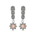 Sterling Silver 925 Earring Embedded With Natural Pink Shell And Marcasite Stones