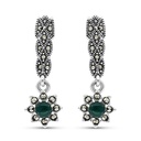 Sterling Silver 925 Earring Embedded With Natural Green Agate And Marcasite Stones