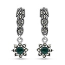 Sterling Silver 925 Earring Embedded With Natural Green Agate And Marcasite Stones