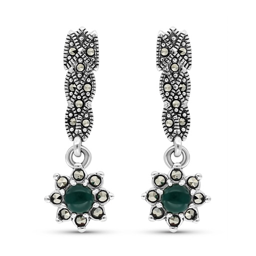 [EAR04MAR00GAGA301] Sterling Silver 925 Earring Embedded With Natural Green Agate And Marcasite Stones