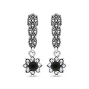 Sterling Silver 925 Earring Embedded With Natural Black Agate And Marcasite Stones