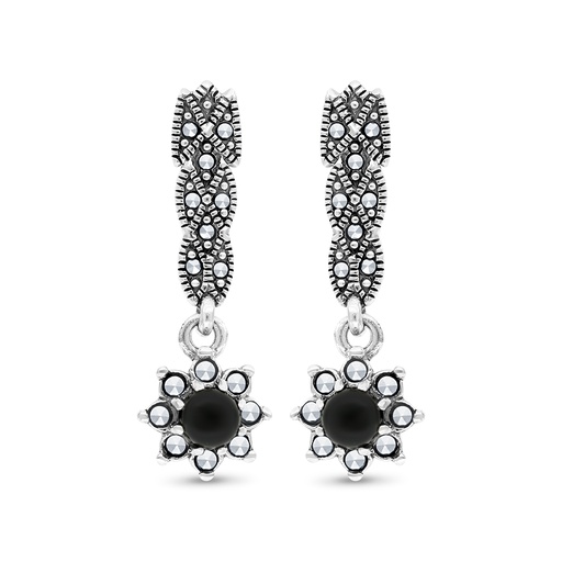 [EAR04MAR00ONXA301] Sterling Silver 925 Earring Embedded With Natural Black Agate And Marcasite Stones