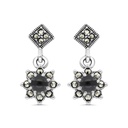 Sterling Silver 925 Earring Embedded With Natural Black Agate And Marcasite Stones