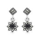 Sterling Silver 925 Earring Embedded With Natural Black Agate And Marcasite Stones