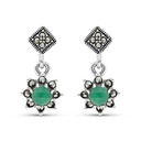 Sterling Silver 925 Earring Embedded With Natural Green Agate And Marcasite Stones