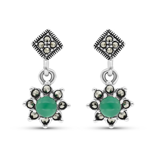 [EAR04MAR00GAGA478] Sterling Silver 925 Earring Embedded With Natural Green Agate And Marcasite Stones