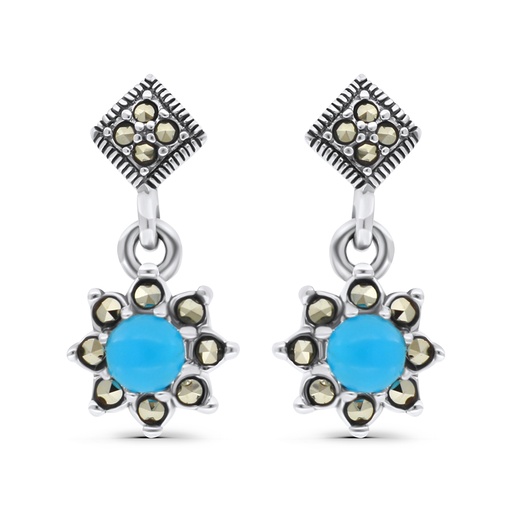 [EAR04MAR00TRQA478] Sterling Silver 925 Earring Embedded With Natural Processed Turquoise And Marcasite Stones
