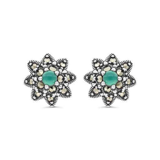 [EAR04MAR00GAGA303] Sterling Silver 925 Earring Embedded With Natural Green Agate And Marcasite Stones