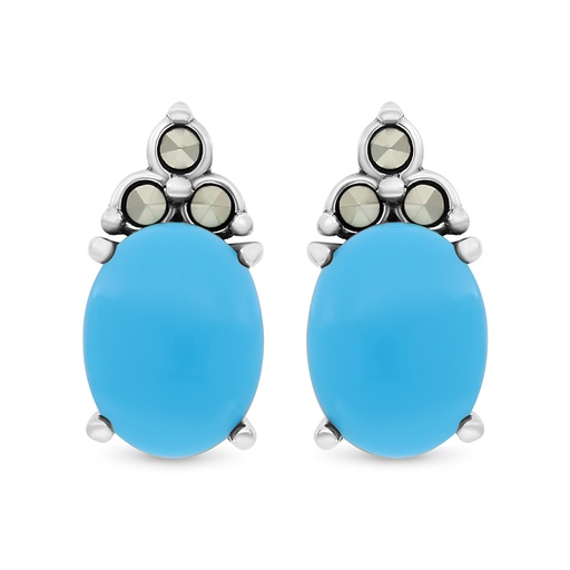 [EAR04MAR00TRQA305] Sterling Silver 925 Earring Embedded With Natural Processed Turquoise And Marcasite Stones