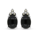 Sterling Silver 925 Earring Embedded With Natural Black Agate And Marcasite Stones