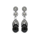 Sterling Silver 925 Earring Embedded With Natural Black Agate And Marcasite Stones