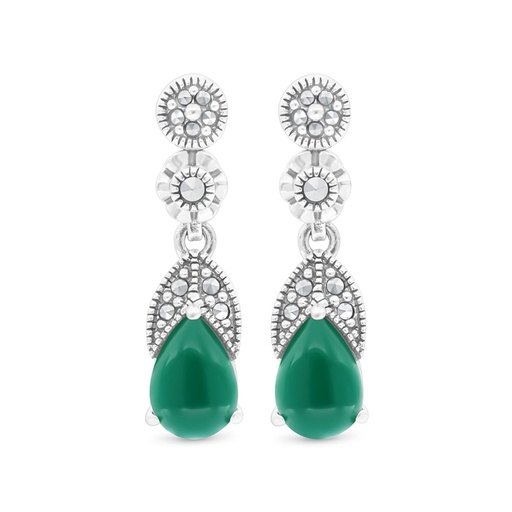 [EAR04MAR00GAGA479] Sterling Silver 925 Earring Embedded With Natural Green Agate And Marcasite Stones
