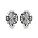 Sterling Silver 925 Earring Embedded With Natural White Shell And Marcasite Stones