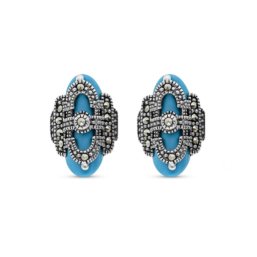 [EAR04MAR00TRQA480] Sterling Silver 925 Earring Embedded With Natural Processed Turquoise And Marcasite Stones