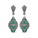 Sterling Silver 925 Earring Embedded With Natural Green Agate And Marcasite Stones