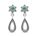 Sterling Silver 925 Earring Embedded With Natural Green Agate And Marcasite Stones