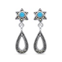 Sterling Silver 925 Earring Embedded With Natural Processed Turquoise And Marcasite Stones