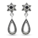 Sterling Silver 925 Earring Embedded With Natural Black Agate And Marcasite Stones