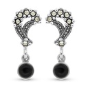 Sterling Silver 925 Earring Embedded With Natural Black Agate And Marcasite Stones