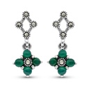 Sterling Silver 925 Earring Embedded With Natural Green Agate And Marcasite Stones