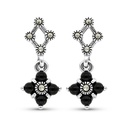 Sterling Silver 925 Earring Embedded With Natural Black Agate And Marcasite Stones