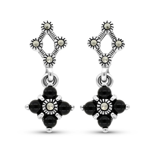 [EAR04MAR00ONXA316] Sterling Silver 925 Earring Embedded With Natural Black Agate And Marcasite Stones