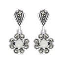 Sterling Silver 925 Earring Embedded With Natural White Shell And Marcasite Stones