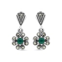 Sterling Silver 925 Earring Embedded With Natural Green Agate And Marcasite Stones