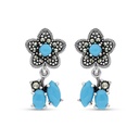 Sterling Silver 925 Earring Embedded With Natural Processed Turquoise And Marcasite Stones