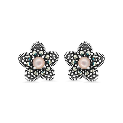 [EAR04MAR00PNKA319] Sterling Silver 925 Earring Embedded With Natural Pink Shell And Marcasite Stones