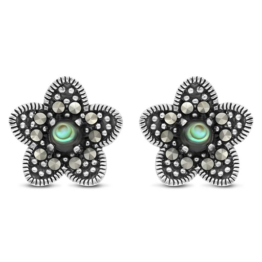 [EAR04MAR00ABAA319] Sterling Silver 925 Earring Embedded With Natural Blue Shell And Marcasite Stones