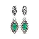 Sterling Silver 925 Earring Embedded With Natural Green Agate And Marcasite Stones