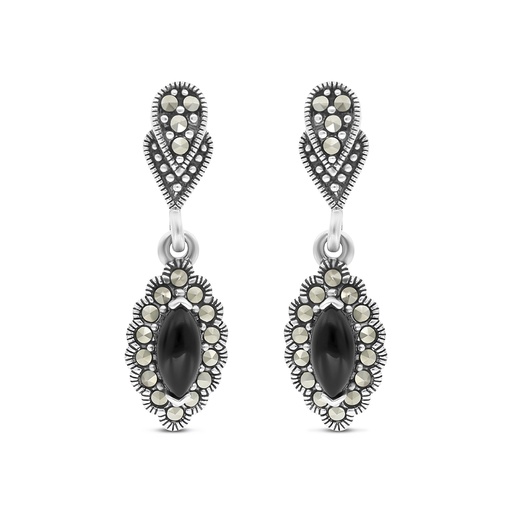 [EAR04MAR00ONXA320] Sterling Silver 925 Earring Embedded With Natural Black Agate And Marcasite Stones