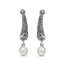 Sterling Silver 925 Earring Embedded With Natural White Shell And Marcasite Stones