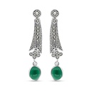 Sterling Silver 925 Earring Embedded With Natural Green Agate And Marcasite Stones