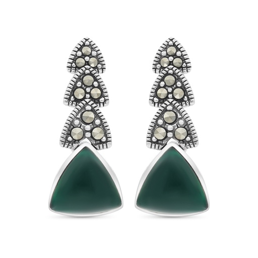 [EAR04MAR00GAGA322] Sterling Silver 925 Earring Embedded With Natural Green Agate And Marcasite Stones